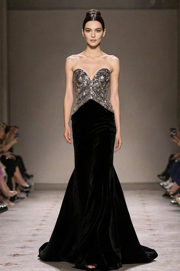 Sparkly Strapless Black Mermaid Velvet Evening Dress